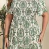 Women's Plus Size Casual Summer Midi Dress Square Neck Short Sleeves Smocked Waist with Pockets