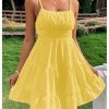 Women's Swiss Dots Sleeveless Ruched Bust Ruffle Hem Cami Short Dress