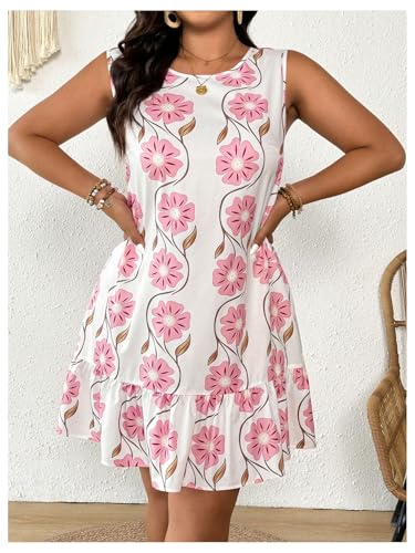 Women's Plus Size Floral Ruffle Dress Bow Tie Sleeveless Crewneck Summer Smock Short Dresses Sundress