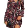 Women's Floral Print Long Lantern Sleeve V Neck Wrap Dress High Waist A Line Ruffle Short Dress