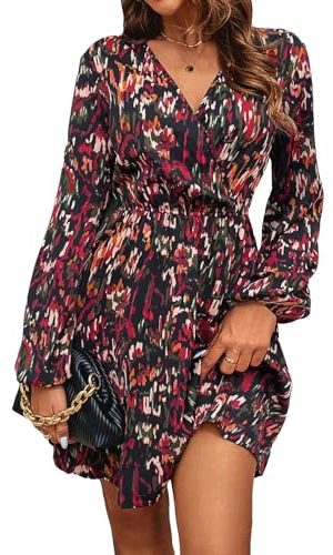 Women's Floral Print Long Lantern Sleeve V Neck Wrap Dress High Waist A Line Ruffle Short Dress