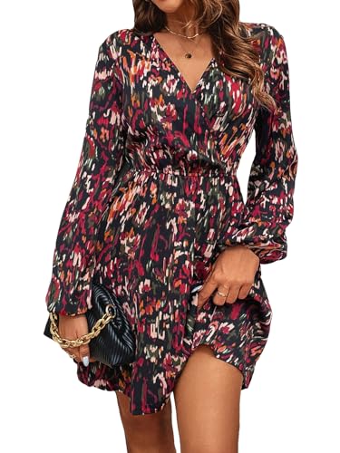 Women's Floral Print Long Lantern Sleeve V Neck Wrap Dress High Waist A Line Ruffle Short Dress