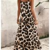 Women's Leopard Print Maxi Dress V Neck Spaghetti Strap Flowy Long Vacation Summer Dresses