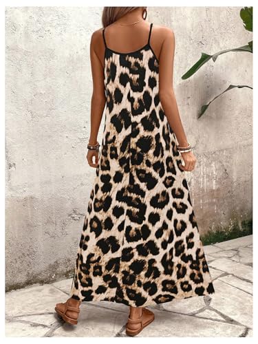 Women's Leopard Print Maxi Dress V Neck Spaghetti Strap Flowy Long Vacation Summer Dresses