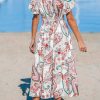 Women's Ruffle Beach Dress Paisley V Neck Short Sleeve Pleated High Waist Maxi Summer Dresses