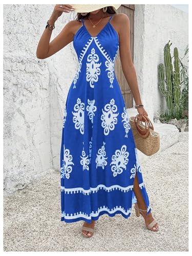 Women's Summer Printed Maxi Dress V Neck Spaghetti Strap Split Flowy Cami Dresses Sundress