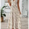 Women's Summer Maxi Dress V Neck Bow Tie Cutout Boho Vacation Ruffle Long Dresses