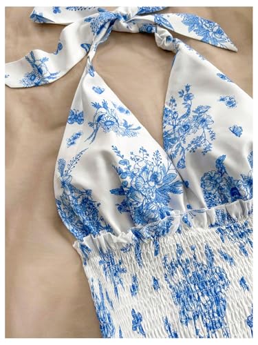 Women's Sundresses Boho Halter V Neck Backless Ruffle Flowy Summer Beach Mini Dress