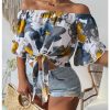 Women's Ruffle Half Sleeve Off Shoulder Knot Front Floral Crop Blouses