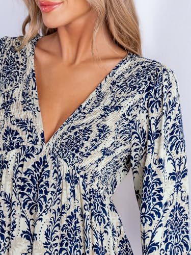 Women's Mini Dress Smocked V Neck Long Sleeve Empire Waist Casual A Line Dress