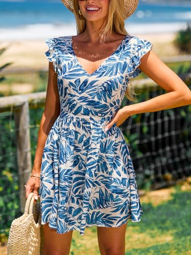 Women's Mini Dresses Summer Beach V Neck Flutter Sleeve Floral A Line Short Casual Dress