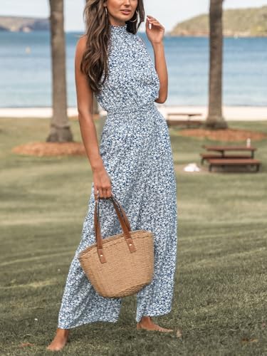 Women Floral Summer Maxi Jumpsuit with Pocket Mock Neck Elastic Waist Wide Leg Business Wedding Casual Holiday Dressy