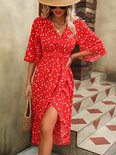 Women's Half Sleeve Floral Print Wrap Dress Boho V Neck Flowy A Line Midi Dresses