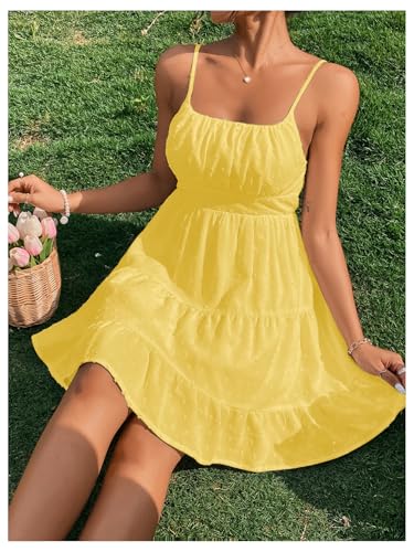 Women's Swiss Dots Sleeveless Ruched Bust Ruffle Hem Cami Short Dress