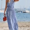 Women's Maxi Dress One Shoulder Sleeveless Smocked Floral Printed Self Tie Boho Long Dress Summer Dress Blue Floral, S