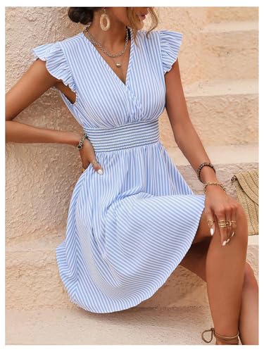 Women's Summer Party Striped Dress Ruffle V Neck A Line Flowy Beach Mini Dresses