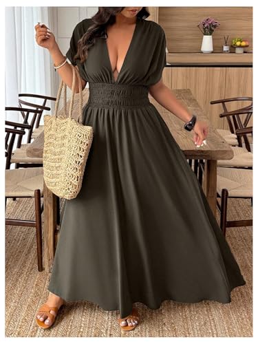 Women's Plus Size Deep V Neck Maxi Dress Short Sleeve Split Hem Flowy Summer Dresses