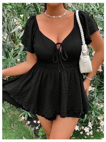 Women's Plus Size Romper Dress Ruffle Short Sleeve V Neck Flowy Summer Short Jumpsuits Plain Black 0XL