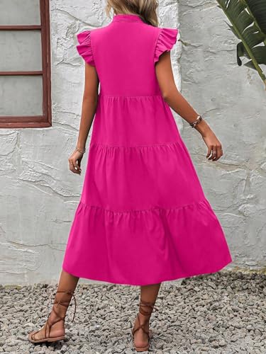 Women's Cap Sleeve Ruffle Hem Long Dress V Neck High Waist Smock Dresses