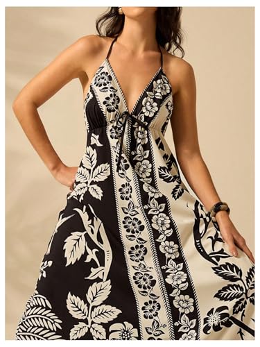 Women's Boho Floral Print Maxi Dress Halter Backless Flowy Long Vacation Beach Summer Dresses
