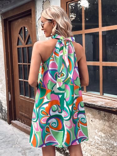 Women's Floral Print Tunic Dress Criss Cross Sleeveless Halter Summer Short Dresses