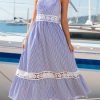 Women's Summer Dresses Sleeveless Straps Striped Casual Lace A Line Long Formal Maxi Dress