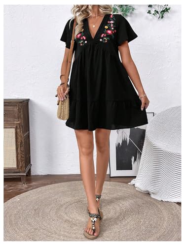 Women's Summer Dress Floral Embroidery V Neck Short Sleeve Ruffle Hem Babydoll Flowy Loose Mini Dresses