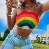 Women's Backless Rainbow Striped Halter Tie Back Tops Sleeveless Knit Crop Top
