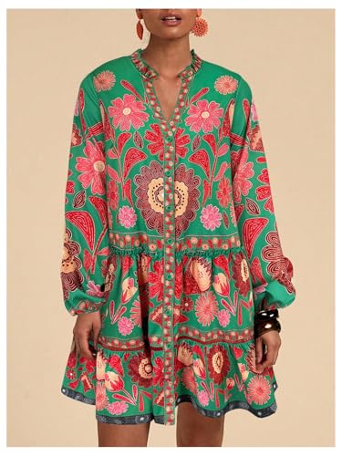 Women's Floral Print Summer Short Dresses Boho Beach Long Sleeve Button Down Flowy Smock Dress
