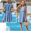 Women's Denim Summer Dresses Cotton Plunging V Neck Casual Sundress Ruffle Sleeves Mini Dress