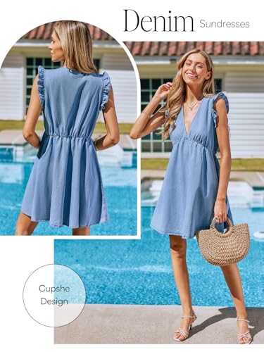 Women's Denim Summer Dresses Cotton Plunging V Neck Casual Sundress Ruffle Sleeves Mini Dress