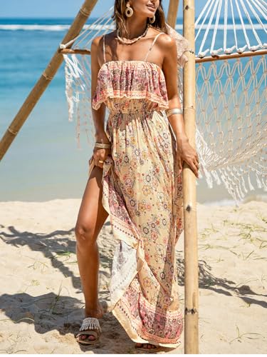 Women Ruffle Floral Summer Dress Spaghetti Strap Backless Flounce Casual Sundress Beach Holiday Maxi Dress