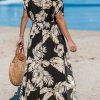 Women's Plunging V Neck Dress Tropical Leaves Print Dresses Short Sleeve Split Hem Maxi Dress