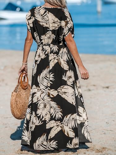 Women's Plunging V Neck Dress Tropical Leaves Print Dresses Short Sleeve Split Hem Maxi Dress