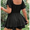 Women's Plus Size Romper Dress Ruffle Short Sleeve V Neck Flowy Summer Short Jumpsuits Plain Black 0XL