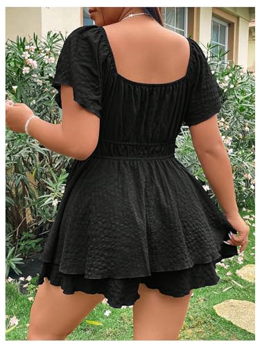 Women's Plus Size Romper Dress Ruffle Short Sleeve V Neck Flowy Summer Short Jumpsuits Plain Black 0XL