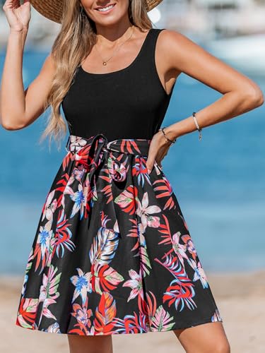Women's Tropical Summer Dresses Flowy Beach Mini Dress Square Neck Sleeveless Vacation Sundress