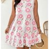 Women's Plus Size Floral Ruffle Dress Bow Tie Sleeveless Crewneck Summer Smock Short Dresses Sundress