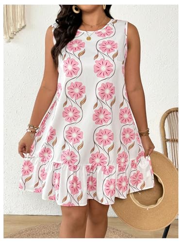 Women's Plus Size Floral Ruffle Dress Bow Tie Sleeveless Crewneck Summer Smock Short Dresses Sundress