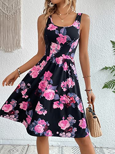 Women's Boho Floral Print Scoop Neck Tank Dress Summer Ruffle A Line Knee Length Dresses