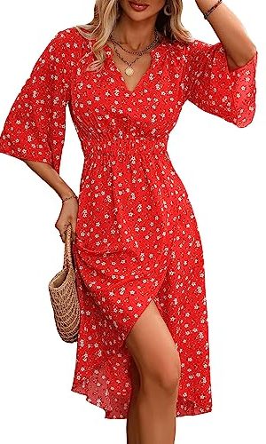 Women's Half Sleeve Floral Print Wrap Dress Boho V Neck Flowy A Line Midi Dresses