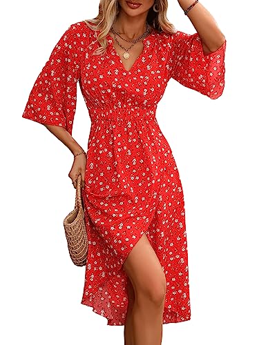 Women's Half Sleeve Floral Print Wrap Dress Boho V Neck Flowy A Line Midi Dresses