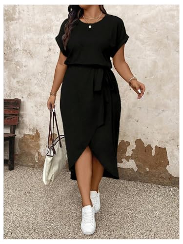 Women's Plus Size Wrap Long Dress Dolman Sleeve Crew Neck Belted Casual Dresses