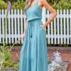 Women's Summer Dresses Casual V Neck Elastic Waist Maxi Tiered Dress with Pockets