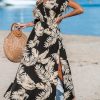 Women's Plunging V Neck Dress Tropical Leaves Print Dresses Short Sleeve Split Hem Maxi Dress