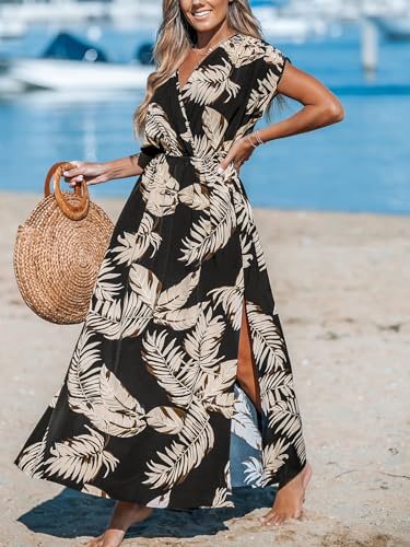 Women's Plunging V Neck Dress Tropical Leaves Print Dresses Short Sleeve Split Hem Maxi Dress