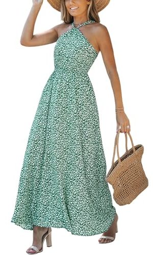 Women's Maxi Dress Ditsy Floral Halter Sleeveless A Line High WAIS Summer Casual Dress