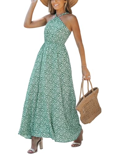 Women's Maxi Dress Ditsy Floral Halter Sleeveless A Line High WAIS Summer Casual Dress