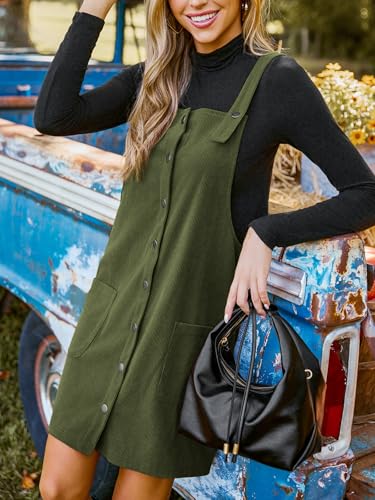 Casual Dresses for Women Square Neck Button Front Sleeveless Pockets A Line Mini Overall Dress