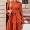 Women's Mini Fall Dresses Knit Casual Long Sleeve Crew Neck Flowy Tiered Ruffled Short Sweater Dress